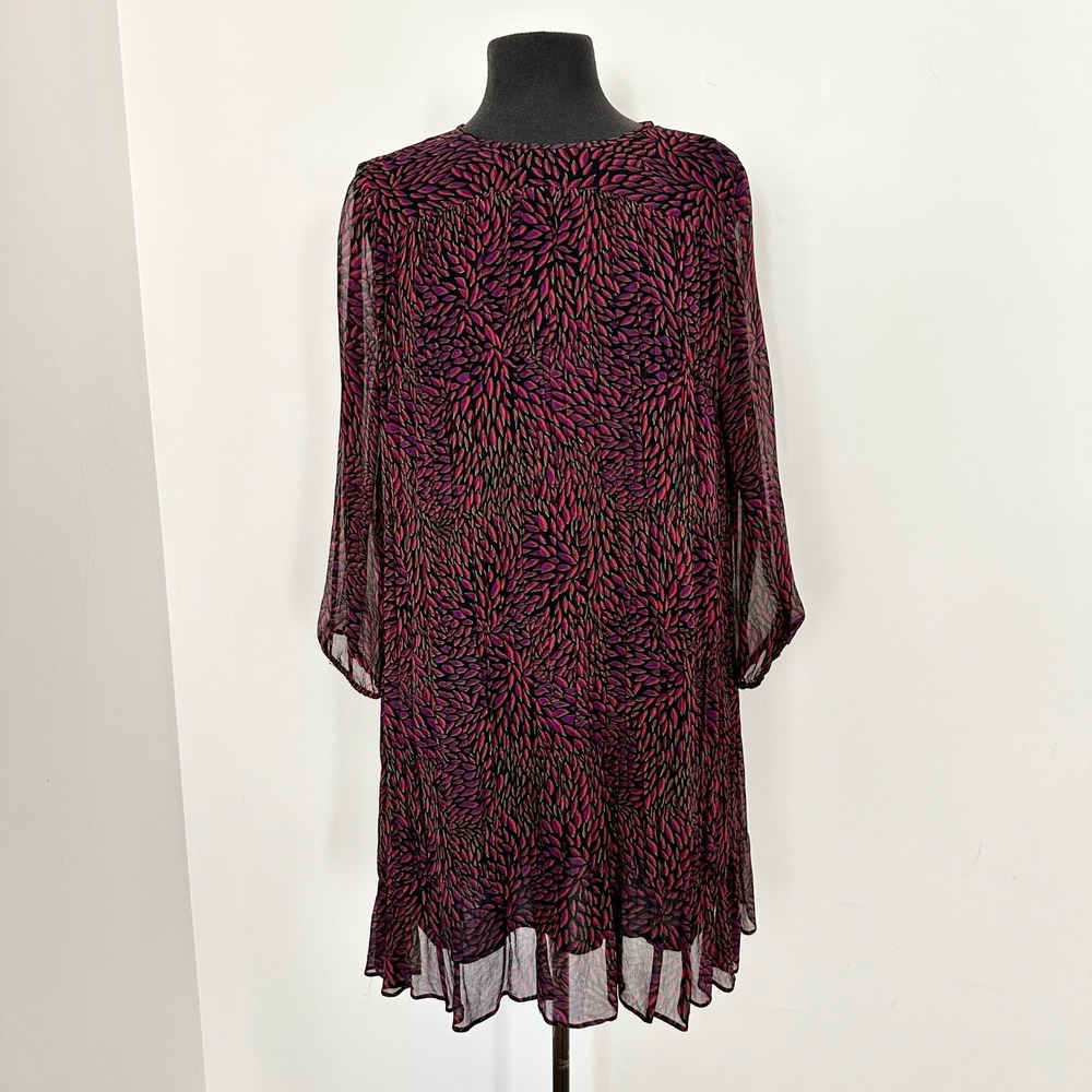 Bash Mini Dress Medium‎ Shift Purple Pink Sheer Abstract Leaf Print Keyhole Back